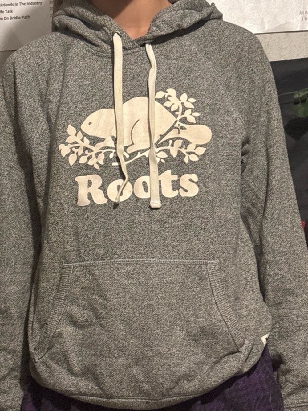 Roots Grey Heather Hoodie with Cream Logo